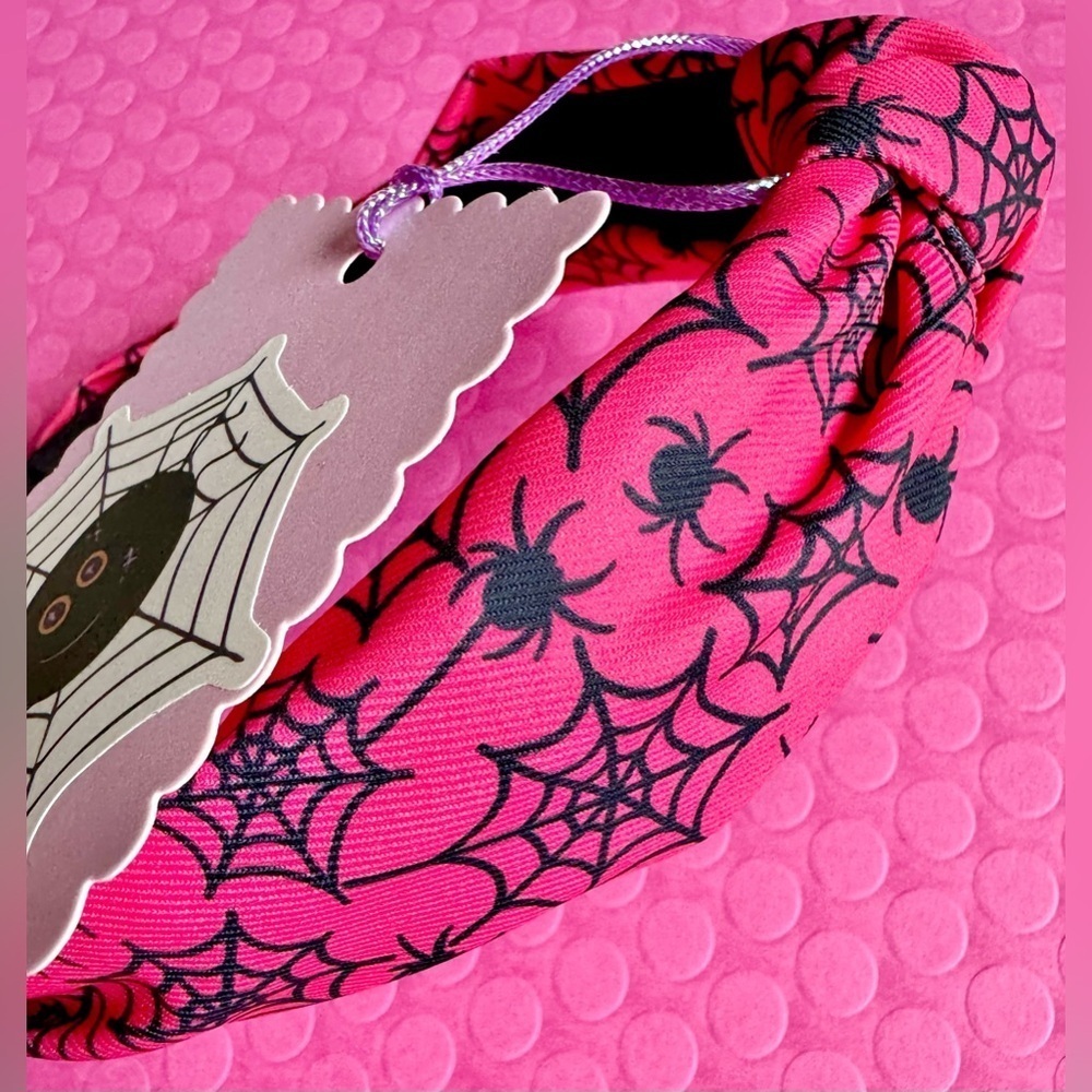 New Halloween Pink & Black Spiders & Webs Fabric Adult Size Knotted Headband - Picture 3 of 7